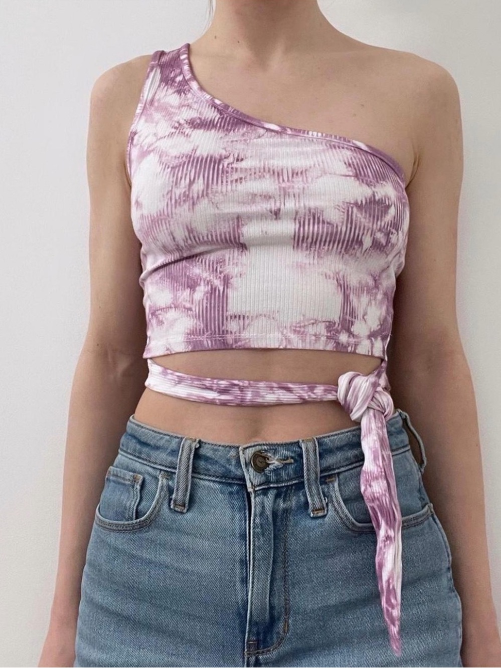 GARAGE One-Shoulder Tie-Wrap Ribbed Crop Top — Lavender Tie-Dye Size Large